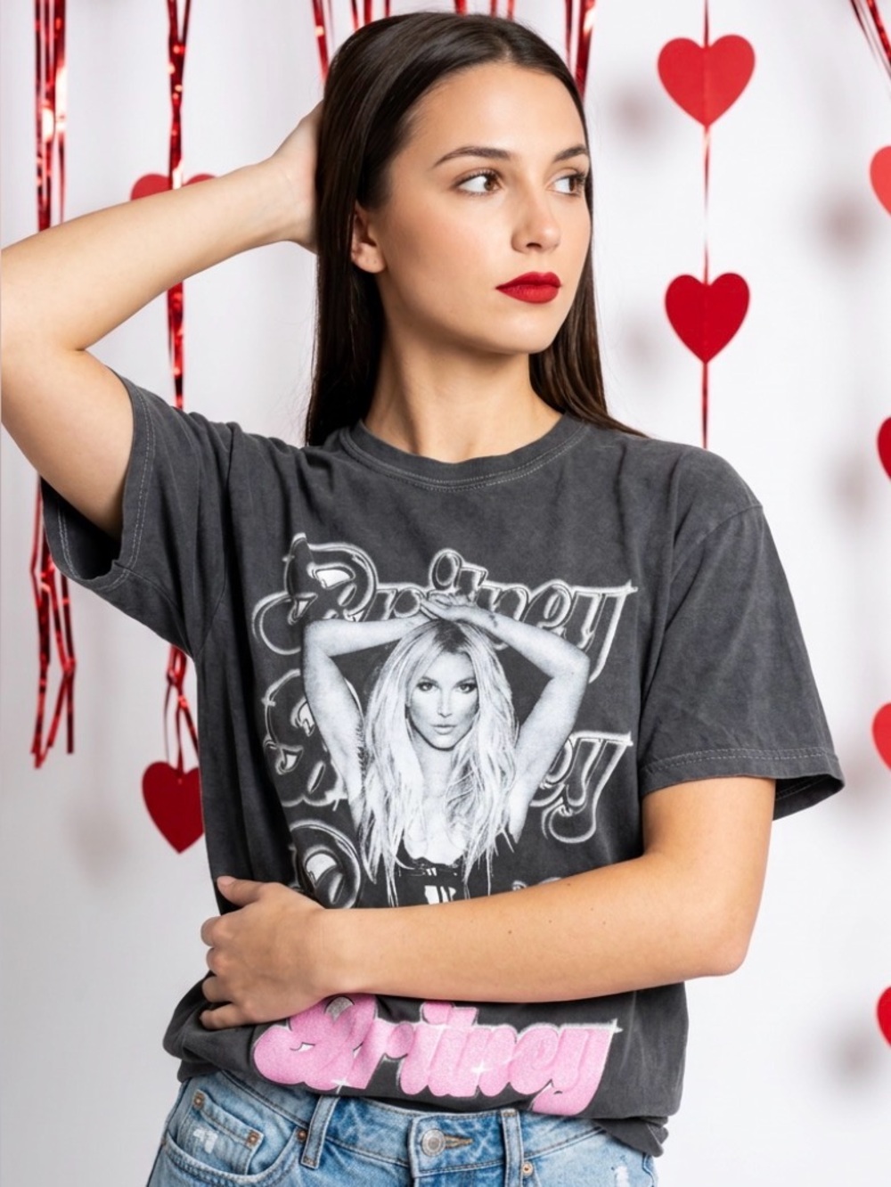 Black Short Sleeve Graphic Tee with Pink Script Accent